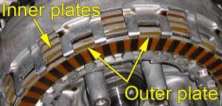 Clutch friction plate tabs shown installed in clutch basket